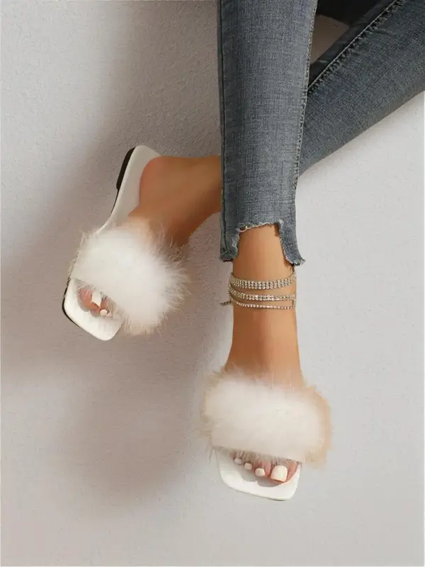 Women's Summer 2024 Fashionable Solid Color Square Toe Flat Slippers, Casual Comfortable Wide Band Slide Sandals, Fluffy Soft...