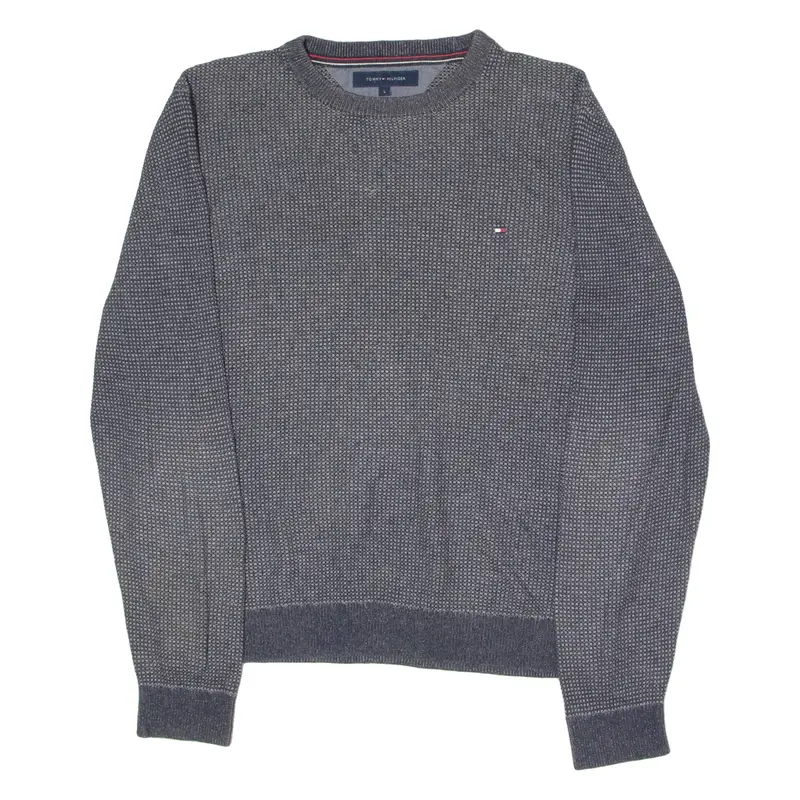 TOMMY HILFIGER Mens Jumper Grey Spotted Crew Neck Tight Knit Wool L