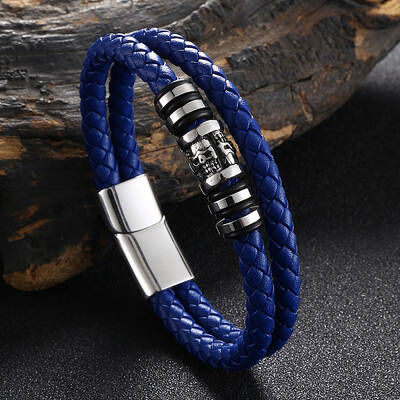 Stainless Steel Skull Beaded Leather Double Layer Multi-strand Bracelet