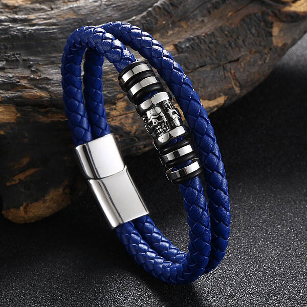 Stainless Steel Skull Beaded Leather Double Layer Multi-strand Bracelet