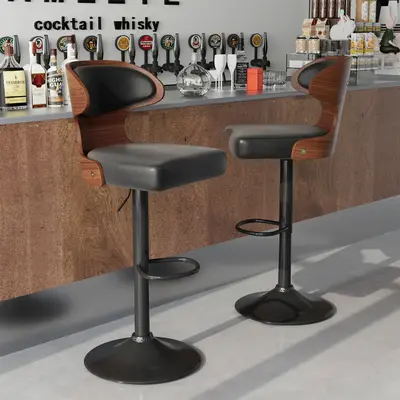 Bar Stools Seat Adjustable Height 24.5-33.5IN - Bentwood Swivel Barstools with Back & Footrest - PU Leather Upholstered Bar C...