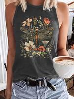 Women's Dragonfly & Floral Print Round Neck Tank Top, Casual Sleeveless Graphic Top for Summer, Ladies Clothes for Daily Wear...