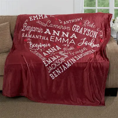 Wine Red Heart Shape Custom Name Text Soft Blanket - Aperturee
