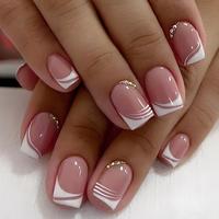Rhinestone Nail Care Fake Nails Manicure Set with Tools, 24pcs/set French Style Press on Manicure Nails, Short Square Stick o...