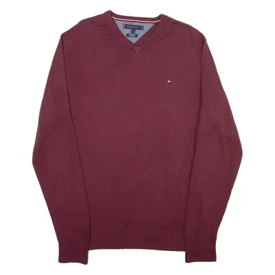 TOMMY HILFIGER Mens Jumper Maroon V-Neck Tight Knit L