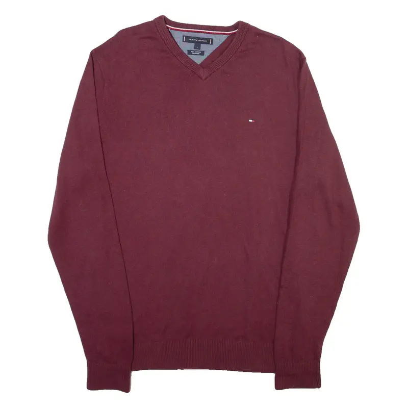 TOMMY HILFIGER Mens Jumper Maroon V-Neck Tight Knit L