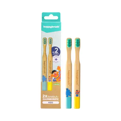 happybrush Bamboo Toothbrush Sesame Open, Double Pack for Kids