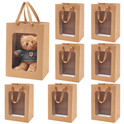 BENECREAT 8 Pack Transparent Window Brown Kraft Paper Bags