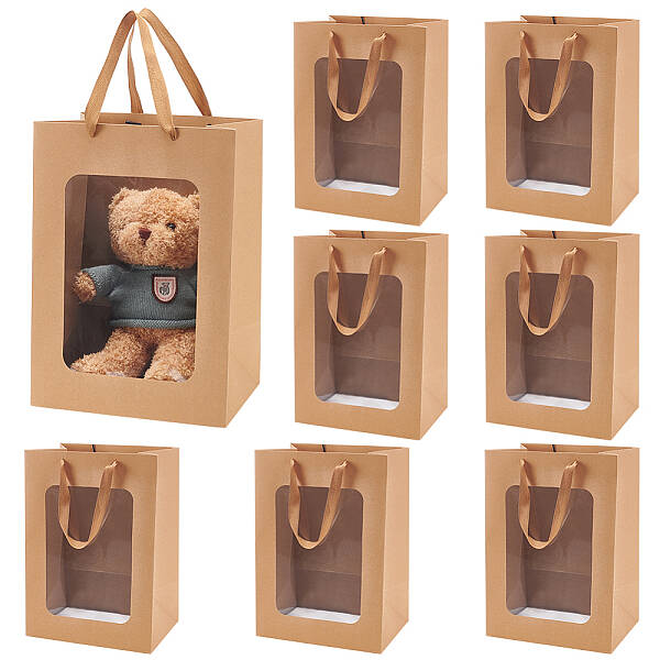 BENECREAT 8 Pack Transparent Window Brown Kraft Paper Bags