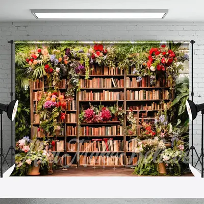 Vintage Bookcase Floral Plants Photoshoot Backdrop - Aperturee