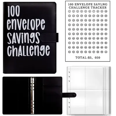 100 Envelope Savings Challenge Binder – A5 PU Leather Budget Book with Cash Envelopes & Tracker – Fun Family Finance Tool