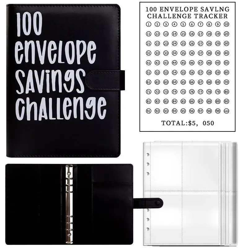 100 Envelope Savings Challenge Binder – A5 PU Leather Budget Book with Cash Envelopes & Tracker – Fun Family Finance Tool