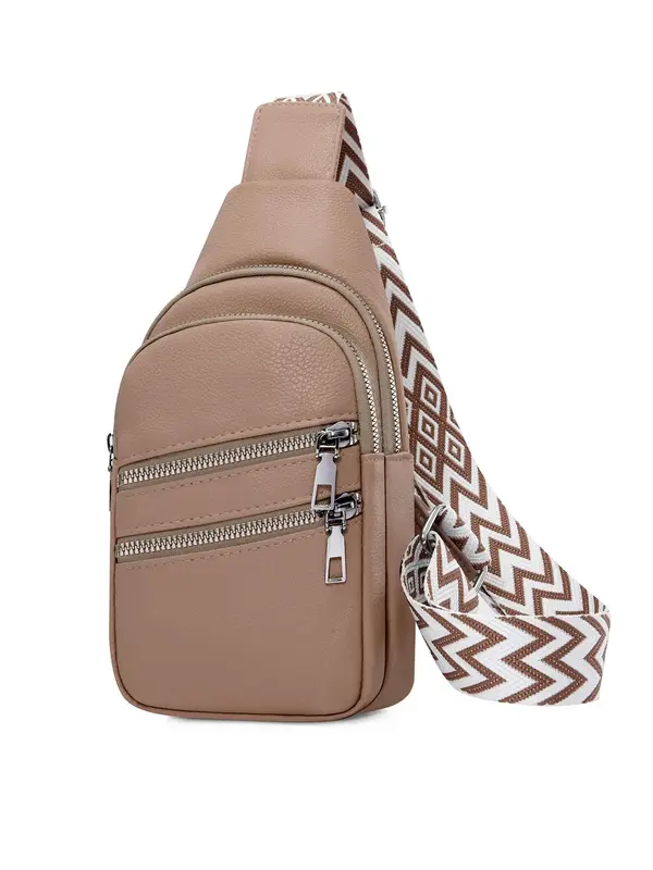 Women's Casual Plain Minimalist Sling Bag, Fashionable Pu Leather Zipper Chest Bag for Work & Daily Use, Trendy Versatile Com...