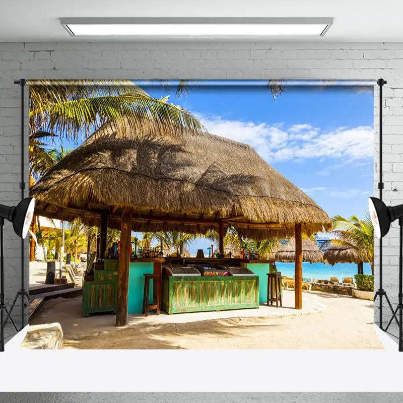 Blue Sky Beach Bar Grass Cabin Summer Photo Backdrop - Aperturee