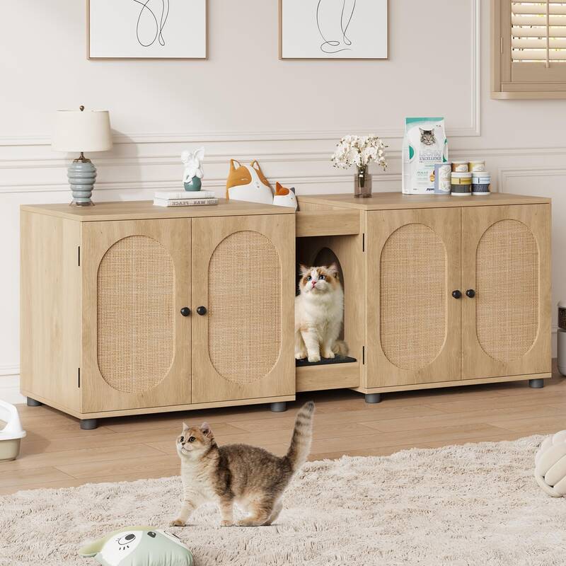 Garvee Cat Litter Box Enclosure 55.1 Double Litter Box Furniture Large Cat Box Enclosure Kitty Litter Box for 2 Cats Hidden ...