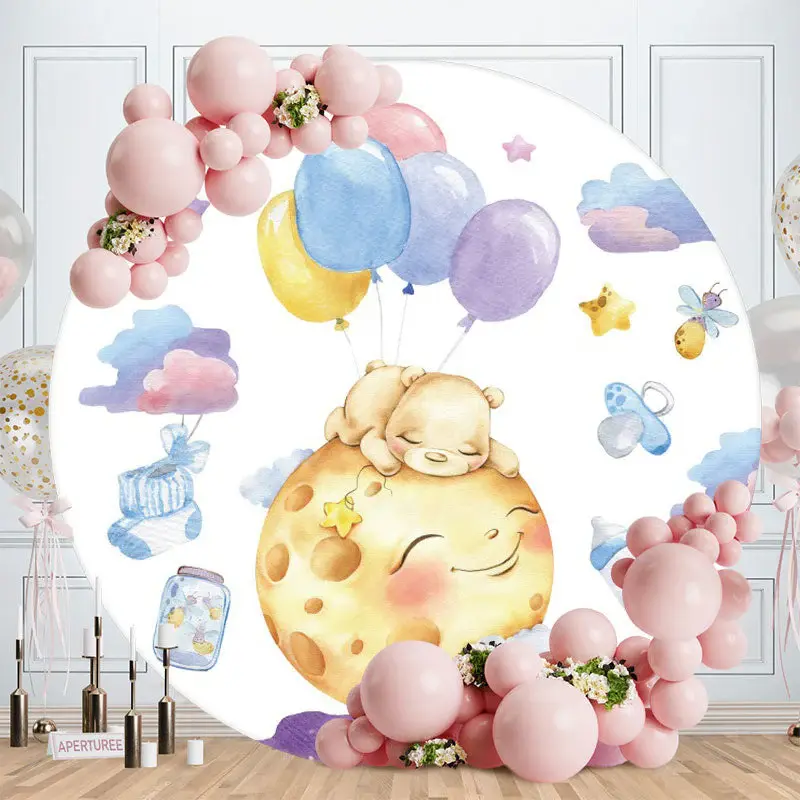 Aperturee Smiley Moon And Bear Round Baby Shower Backdrop