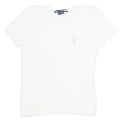 RALPH LAUREN Girls Jumper White Crew Neck Cable Knit Short Sleeve S