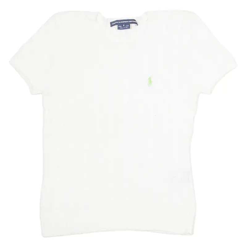 RALPH LAUREN Girls Jumper White Crew Neck Cable Knit Short Sleeve S