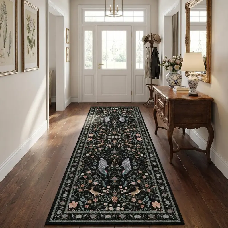 Garvee Floral Runner Rug 2x6 Washable Peacock Print Soft Non-Slip Low Pile Thin Carpet Black for Entryway Bedside Kitchen Nur...