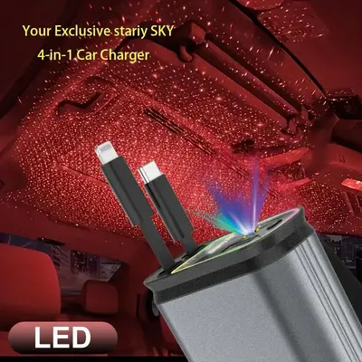 Starlight 66W USB C Car Charger Adapter - 4 in 1 Retractable Charger with 2 USB Ports, Smart Voltage Display, 12-24V Input, M...