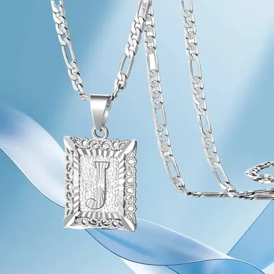 Figaro KissYan Initial Letter Pendant Necklace for Men & Womens Platinum Gold Plated Square Capiton Necklace - 50cm Chain, 2....