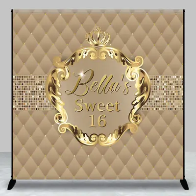 Aperturee Gold Crown Custom Name Sweet 16 Birthday Backdrop | Happy Birthday Backdrop | Custom Happy Birthday Banner | Custom...