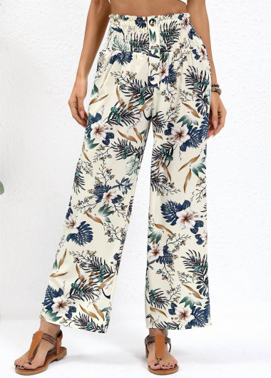 Modlily Beige Plants Print Straight Leg Elastic Waist Pants - M