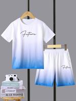 Two-piece Set Boy's Letter Print Tee & Shorts Set, Casual Short Sleeve T-shirt & Shorts for Summer, Cute Clothes, Kids Clothe...