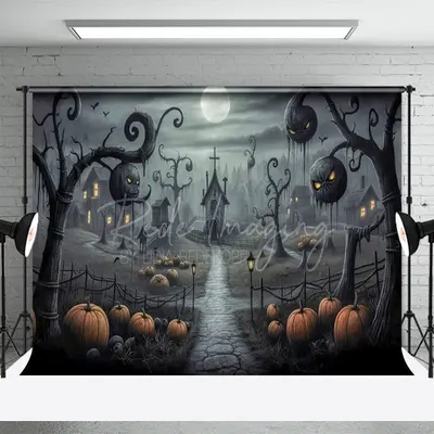 Moon Pumpkin Haunted House Halloween Photo Backdrop - Aperturee