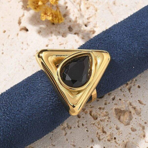 Triangle 304 Stainless Steel Rhinestone Open Cuff Rings for Women