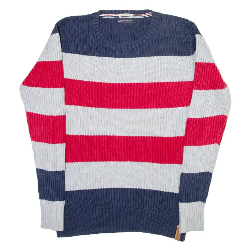 TOMMY HILFIGER Mens Heavy Knit Jumper Grey Striped Tight Knit S
