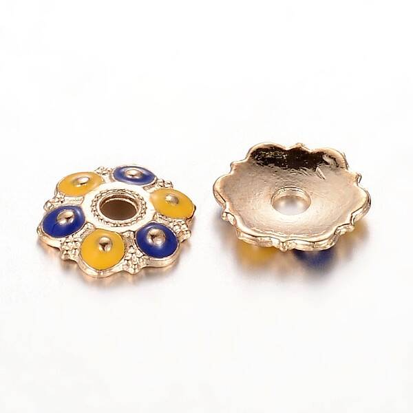 Golden Plated Flower Alloy Enamel Bead Caps