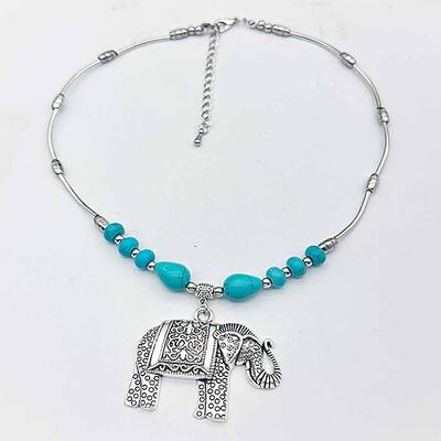 Ethnic Style Alloy & Synthetic Turquoise Elephant Pendant Necklaces