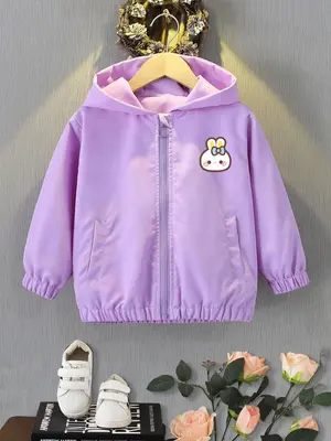 Girl's Cartoon Rabbit Print Hooded Jacket, Cute Casual Long Sleeve Zip Up Outerwear for Daily Wear, Kids Clothing for All Sea...