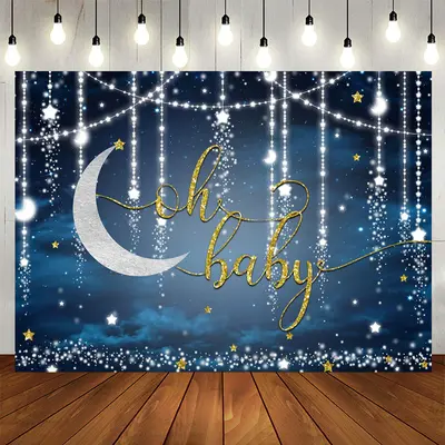 Aperturee Glitter Blue Moon Stars Baby Shower Backdrop