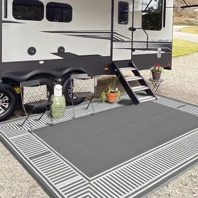 Garvee Reversible Waterproof Outdoor Rug Gray 9x12ft – Modern Grey & White Plastic Straw Mat – Mark & UV Resistant, Colla...