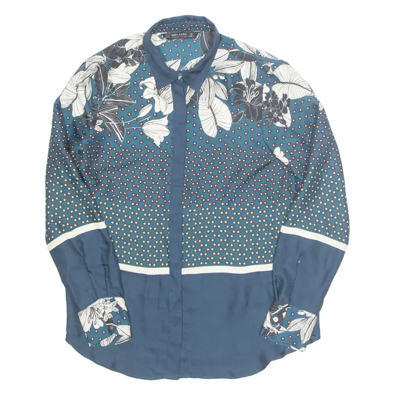 ZARA Womens Printed Blouse Blue Long Sleeve Spotted M