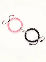 Unisex Magnetic Heart Charm Bracelets for Couple, 2pcs/set Trendy Drawstring Design Beaded Bracelets, Chic All-match Vintage ...