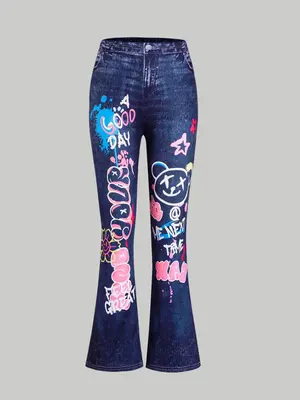 Girl's Cartoon Letter Print Flare Leg Pants, Casual Comfy Denim-effect Print Bell Bottom Trousers for Spring & Fall, Kids Bot...