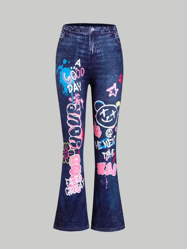 Girl's Cartoon Letter Print Flare Leg Pants, Casual Comfy Denim-effect Print Bell Bottom Trousers for Spring & Fall, Kids Bot...