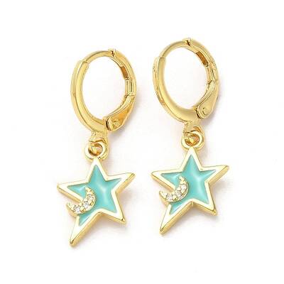 Star & Moon Real 18K Gold Plated Brass Dangle Leverback Earrings