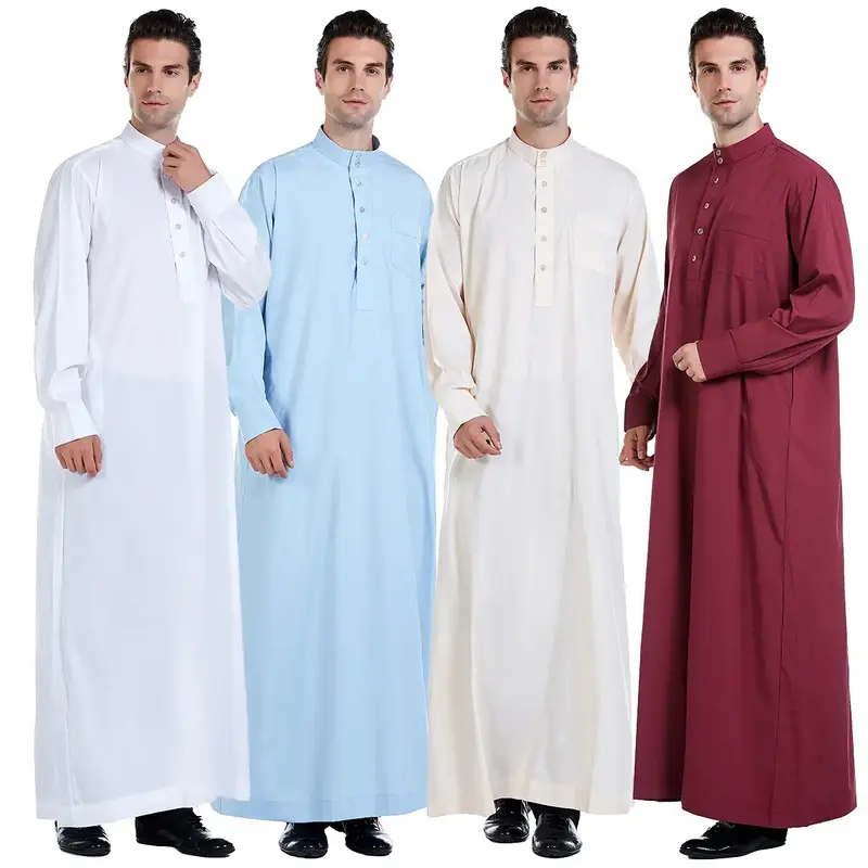 Men's Modest Muslim Robe - Ramadan Eid Prayer Robe, Solid Color, Long Sleeve, Loose Fit, Breathable Cotton Blend, Ethnic Styl...