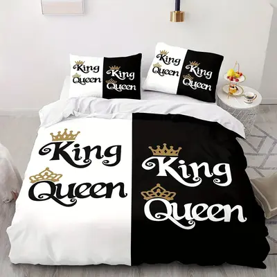 1 Set Multi-size Color Block & Letter Pattern Couple Duvet Cover & Pillowcase Set, Modern Bedding Set Without Filler, Suitabl...