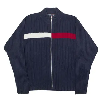 TOMMY HILFIGER Boys Heavy Knit Cardigan Blue Striped High Neck 90s XL