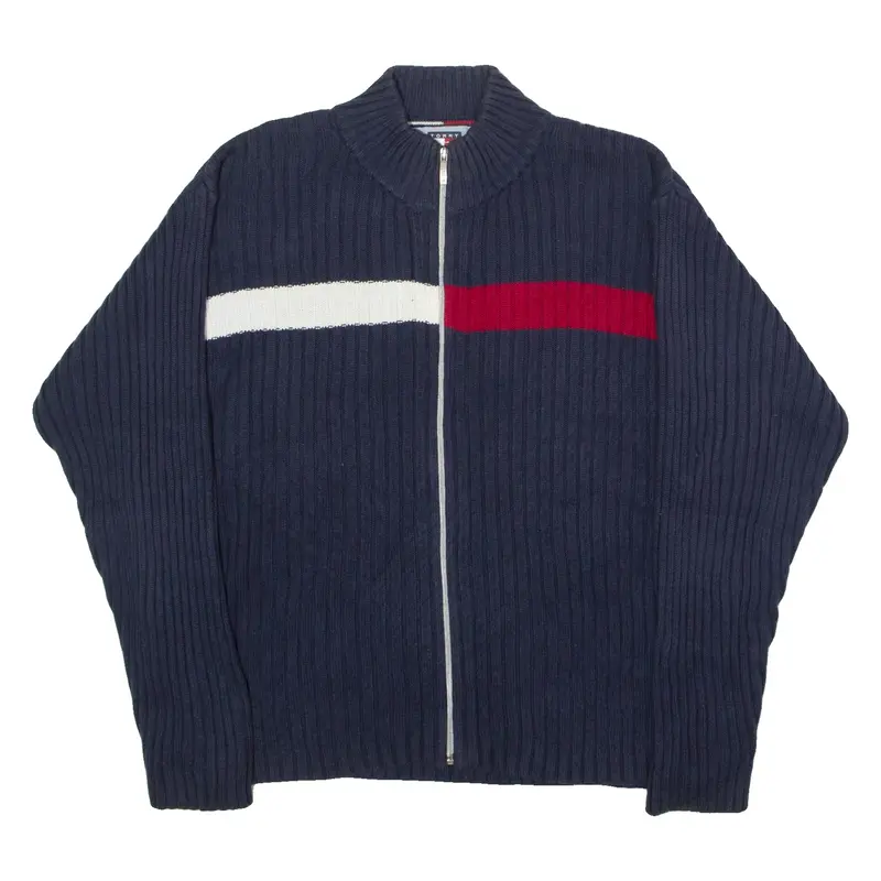 TOMMY HILFIGER Boys Heavy Knit Cardigan Blue Striped High Neck 90s XL