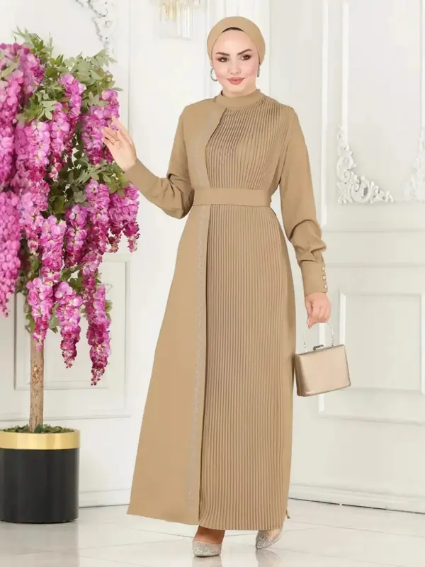 Women's Elegant Plain Woven Abaya Dress, Loose-Fitting Stand Collar Belted Maxi Dress, All Seasons Fashionable Long Sleeve Ro...