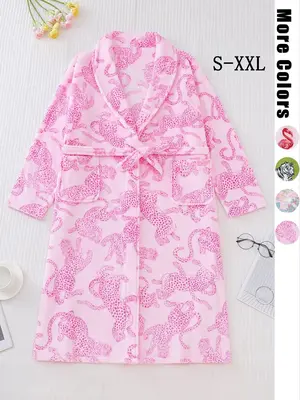 Women's Animal Print Pocket Belted Lounge Robe, Casual Long Sleeve Shawl Collar Dressing Gown, Ladies Sleepwear for Fall & Wi...