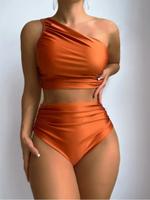 Two-piece Set Women's Plain One Shoulder Ruched Bikini Set, Casual Swimsuit for Beach Holiday Vacation, Ladies Swimwear for A...