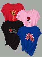 Women's Floral / Sunflower Print Round Neck Tee, Casual Elegant Classy Short Sleeve Crew Neck T-shirt for Spring & Fall, Gra...
