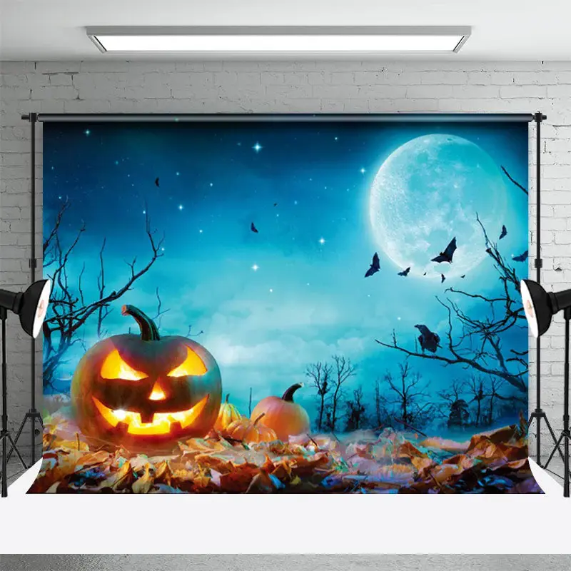 Blue Moon Pumpkin Photo Backdrop Halloween Decor - Aperturee